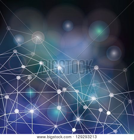 Abstract space polygonal  low poly line background.Vector dark sky blurred background, dots stars, shiny bokeh.Vector science night baskdrop.Futuristic mystery design, universe blur texture, earth day