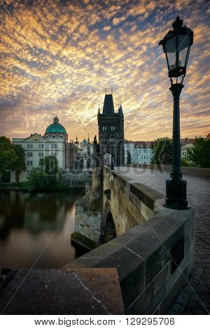 Charles Bridge during sunrise Prague Czech republic