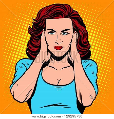 Girl ears closed silence pop art retro style. The senses hearing. Ears retro vector
