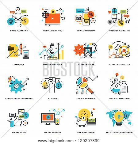 Set of flat line design icons of internet marketing and online business. Vector illustration concepts for graphic and web design and development, isolated on white.