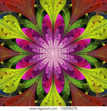 Multicolored symmetrical fractal flower in stained-glass window style. Artwork for creative design art and entertainment.