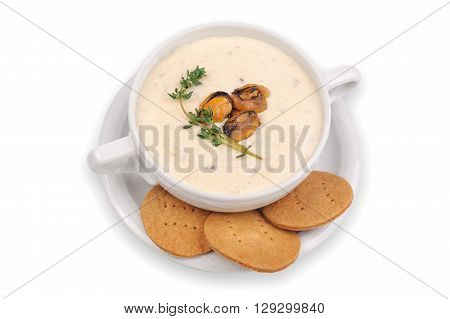 Chowder Soup with mussles and crackers Isolated on White Background