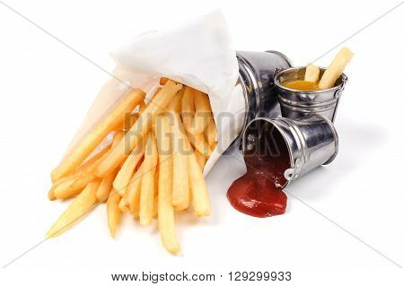 French fries with catchup and mustard isolated