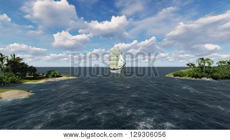 Seascape with a sailboat in the distance against a cloudy sky and island with palm trees