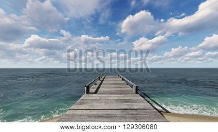 Wooden pier on the ocean on a background of blue sky with clouds