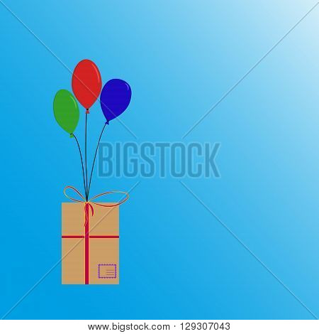 Balloons flying with box with post stamp and ribbons. Red green blue balloons flying with box.