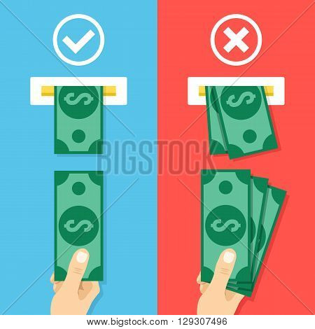 How to insert cash in atm machine. Right and wrong ways to insert cash. Hand with cash and atm machine slot. Creative flat design vector illustration
