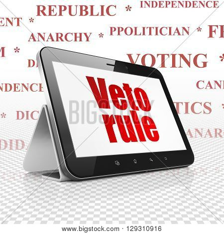 Political concept: Tablet Computer with  red text Veto Rule on display,  Tag Cloud background, 3D rendering