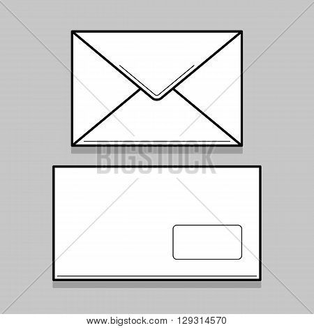 Two white thin line envelopes for identy design. Blank envelopes on gray background
