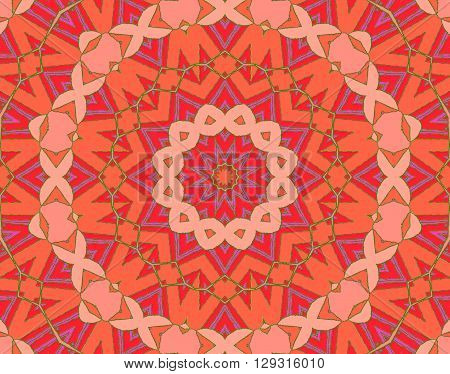 Abstract geometric seamless background, drawing. Concentric circle ornament in star shape with pink, violet, orange and red elements and green outlines, ornate and conspicuous.