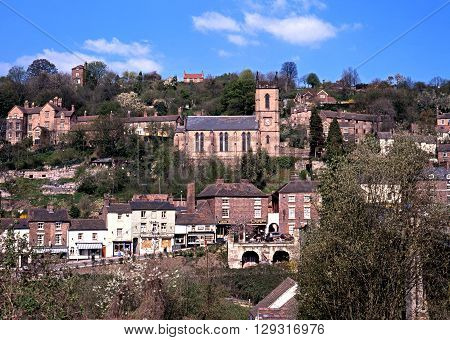 IRONBRIDGE, UNITED KINGDOM - JULY 18, 1993 - Elevated view of the town and church Ironbridge Shropshire England UK Western Europe, July 18, 1993.