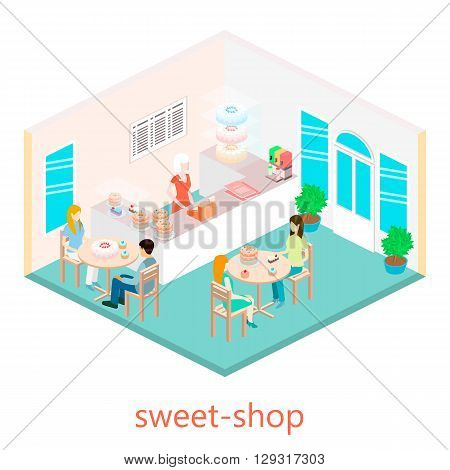 Isometric interior of sweet-shop. People sit at the table and eating.