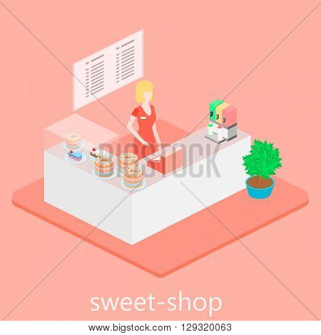 Isometric Interior Of Sweet-shop. People Sit At The Table And Eating.
