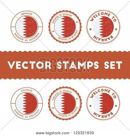 Bahraini Flag Rubber Stamps Set. National Flags Grunge Stamps. Country Round Badges Collection.