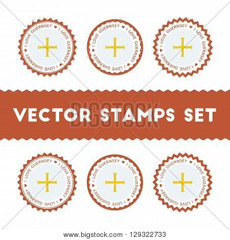 I Love Guernsey Vector Stamps Set. Retro Patriotic Country Flag Badges. National Flags Vintage Round