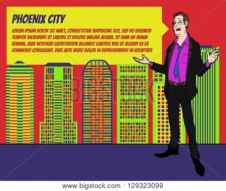 Presentation on background of city.  Businees man in the suit. Character with bubble talk. Speech presentation of business product, project, speech at conference. Conference in Phoenix