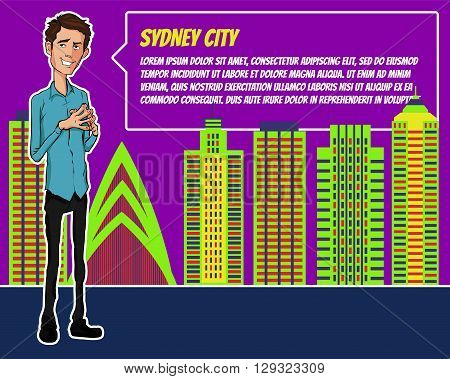 Presentation on background of city.  Businees man in the suit. Character with bubble talk. Speech presentation of business product, project, speech at conference. Conference in Sydney