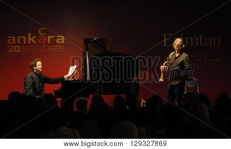 ANKARA/TURKEY-MAY 6, 2016: Markus Stockhausen & Florian Weber at the stage of Erimtan Archeology and Art Museum during the 20. International Ankara Jazz Festival. May 6, 2016-Ankara/Turkey