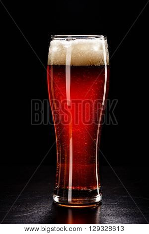Beer Glass On Black. Bar Drink. Beer Bubbles Closeup. Draft Dark. Overflow Beer Glass. Beer Beverage