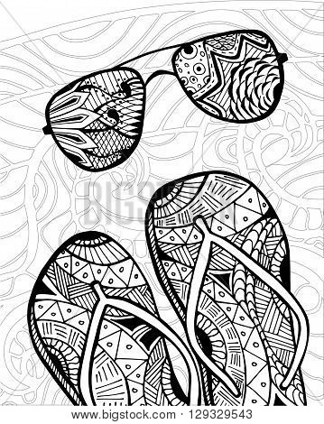 Hand drawn zentangle of flip flops at the beach for coloring book
