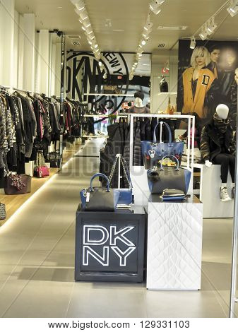 ALBERTA,CANADA - SEPTEMBER 21, 2014: Interior of the DKNY store. DKNY is a New York-based fashion house specializing in fashion goods for men and women founded in 1984 by Donna Karan.