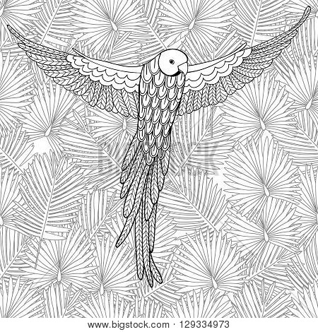 Cute parrot on the seamless background from palm leaves. Animals. Hand drawn doodle. Ethnic patterned illustration. African, indian, totem tatoo design. Sketch for avatar, tattoo, poster, print or t-shirt.