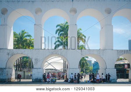 Rio De Janeiro, Brazil - March 06, 2016:  Landmark White Arches Of Arcos Da Lapa In Front Of Circo V