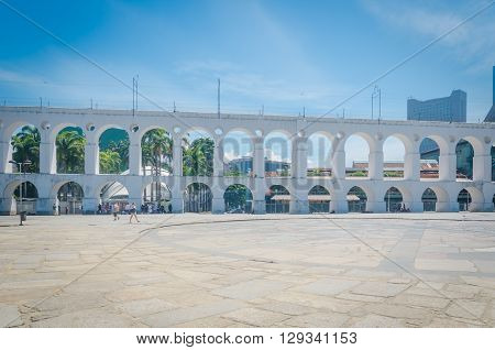 Rio De Janeiro, Brazil - March 06, 2016:  Landmark White Arches Of Arcos Da Lapa Under Bright Blue S