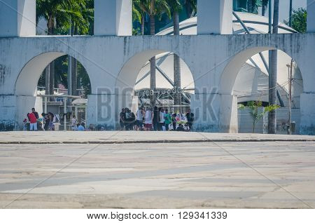 Rio De Janeiro, Brazil - March 06, 2016:  Landmark White Arches Of Arcos Da Lapa In Front Of Circo V
