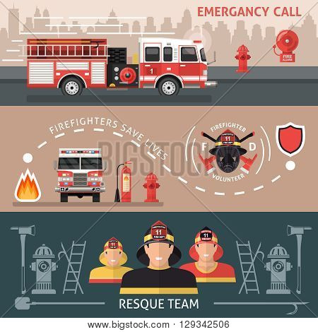 Three horizontal colored firefighter banner set with inscriptions of emergency call firefighters save lives and resque team vector illustration