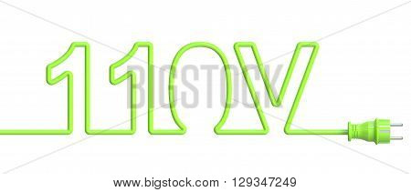 110 Volt concept from green wire and plug. 3D rendering
