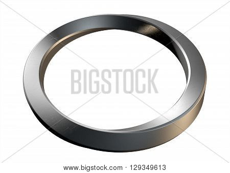 A 3D rendering of an infinity symbol ring made of shiny steel on an isolated white studio background