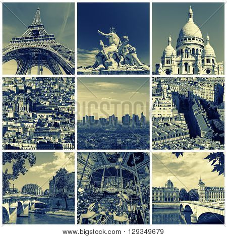 Collage of some pictures of different landmarks in Paris France such as the Eiffel Tower the Basilica of the Sacred Heart some bridges above the Seine River and some other