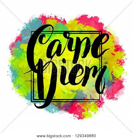 Carpe Diem - Latin phrase means Catch, captures the moment. Motivational quote in color background. Modern calligraphy, vector illustration. For prints on fashionable t-shirts, bags, cards, posters