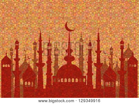 Red pattern with mosques on stained glass kaleidoscope backdrop for wishes with beginning of fasting month of Ramadan as well with Islamic holiday Eid al-Fitr and Eid al-Adha. Vector illustration