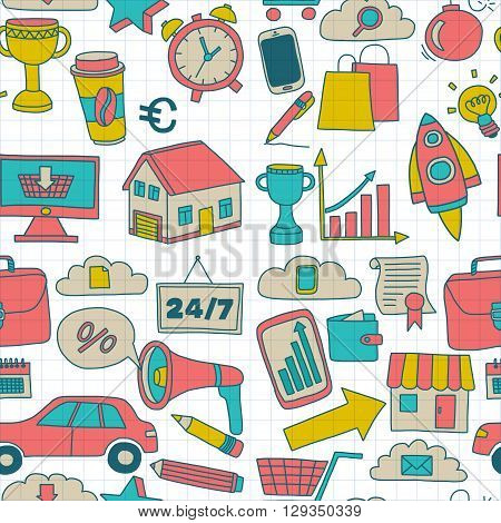 Doodle vector seamless pattern with business elements Hand drawn picture