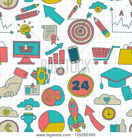 Doodle vector seamless pattern with business elements Hand drawn picture
