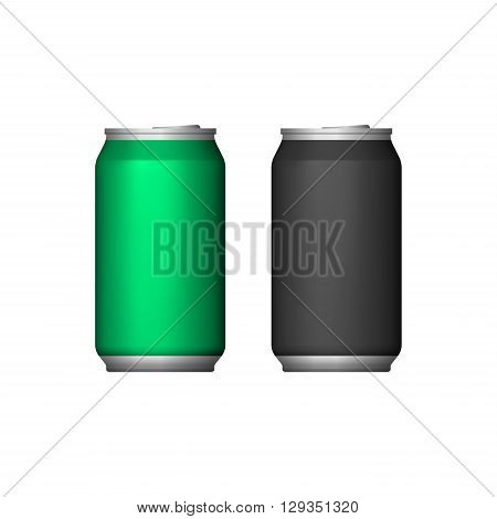 Two Aluminum Can Green Black. Blank Metal Aluminum Beverage Drink Can. Illustration Isolated. Mock Up Template Ready For Your Design. Vector EPS10