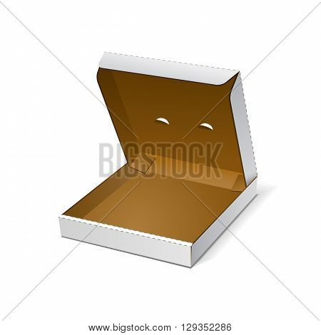 Open White Blank Carton Pizza Box On White Background Isolated. Mock Up Template Ready For Your Design. Food Product Packing Vector EPS10