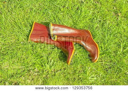 Pair of old rubber boots lie on the grass