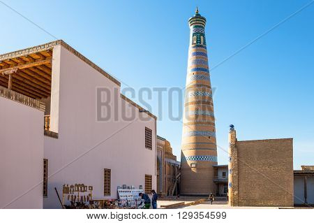 Khiva Uzbekistan - Aprilr 15 2014: The Islam Kodija minaret in the old city center