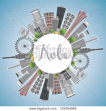 Kobe Skyline with Gray Buildings, Blue Sky and Copy Space. Vector Illustration. Business and Tourism Concept with Modern Buildings. Image for Presentation, Banner, Placard or Web Site.