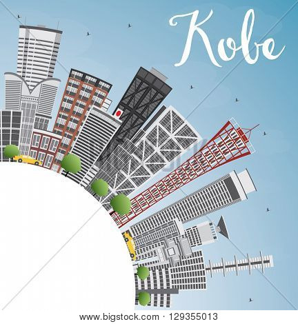 Kobe Skyline with Gray Buildings, Blue Sky and Copy Space. Vector Illustration. Business and Tourism Concept with Modern Buildings. Image for Presentation, Banner, Placard or Web Site.