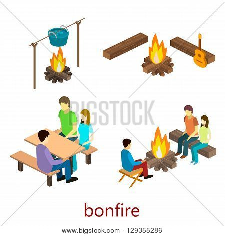 Isometric Object For Camping.people Sitting Around The Campfire