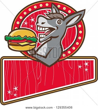 Illustration of a donkey ass mule or horse mascot serving up a hamburger burger sandwich viewed fromt the side set inside rectangle shape with woodgrain done in 1950s retro diner style