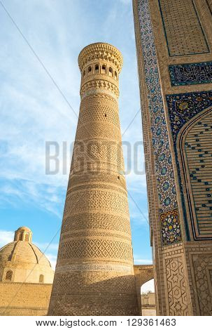 Uzbekistan Bukhara detail of the Kalon minaret and mosque