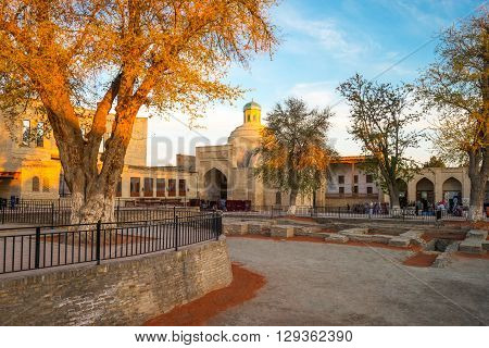 Buckara Uzbekistan - Aprilr 16 2014: Local people in the Taqi Sarrafon market in the old city center at sunset