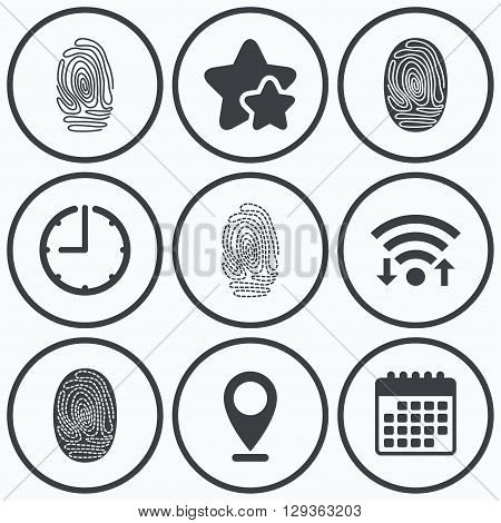 Clock, wifi and stars icons. Fingerprint icons. Identification or authentication symbols. Biometric human dabs signs. Calendar symbol.
