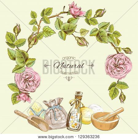 Rose natural cosmetic round frame. Design for cosmetics, make up, store, beauty salon, natural and organic products. Vector illustration