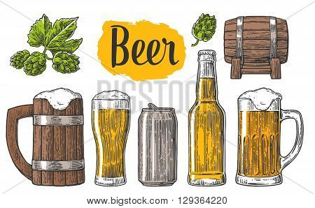 Berr class can bottle barrel. Vintage vector engraving illustration for web poster invitation to beer party. Hand drawn design element isolated on dark background.